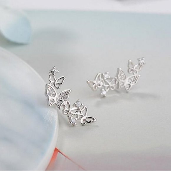 NEW Sterling Silver Diamond Butterfly Earrings P - Picture 4 of 6